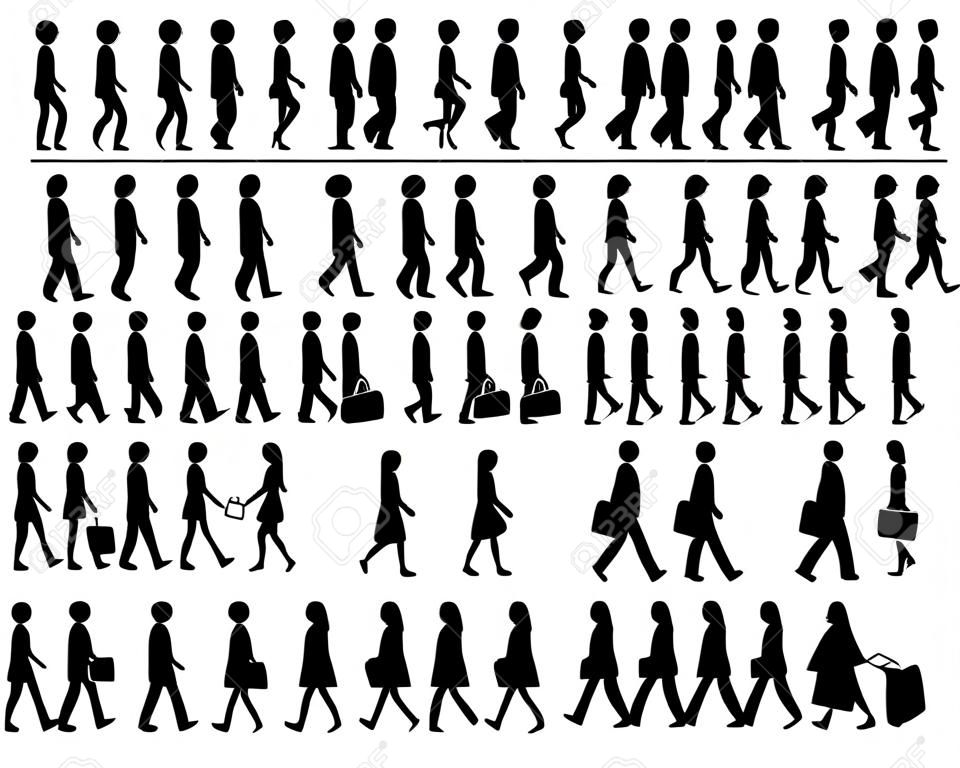 Figura stilizzata che cammina insieme dell'icona di vettore di uomo e donna. Gruppo di persone che avanzano pittogramma di sequenza