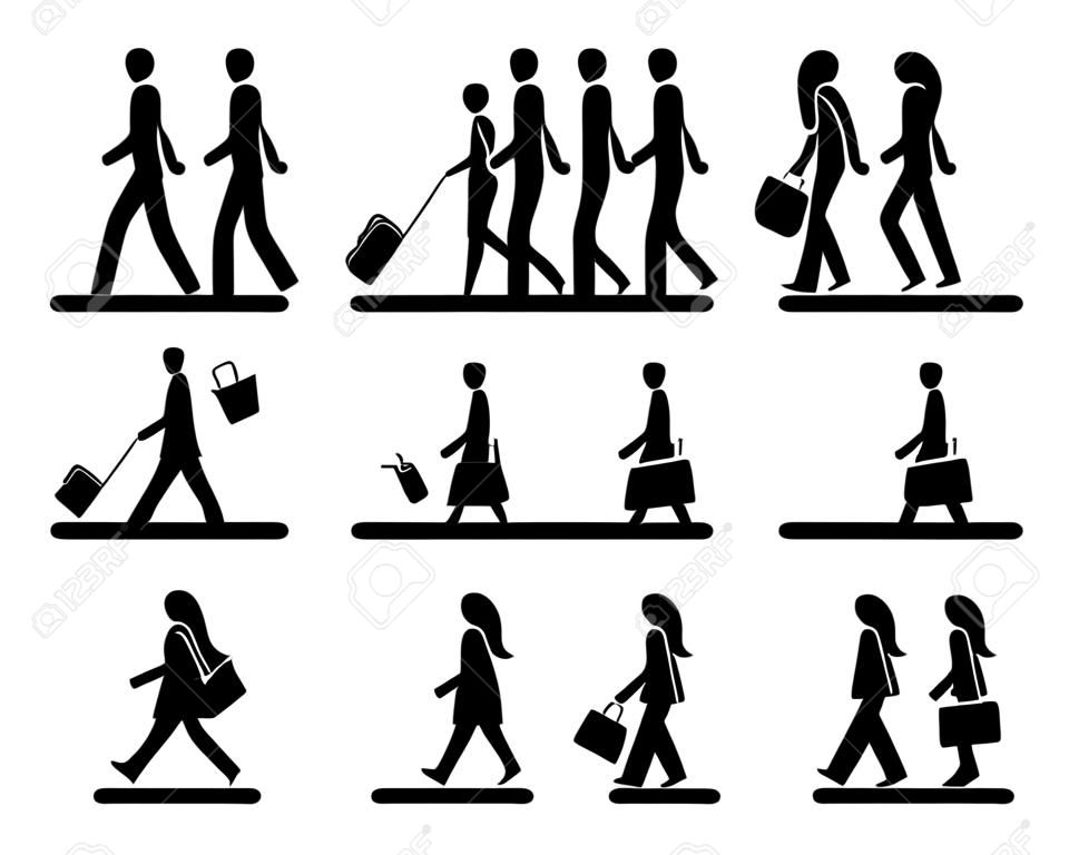 Stick figure walking man and woman vector icon set. Group of people moving forward sequence pictogram