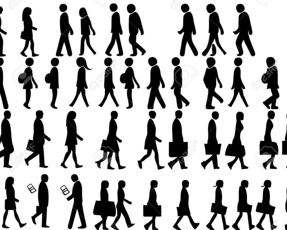 Stick figure walking man and woman vector icon set. Group of people moving forward sequence pictogram