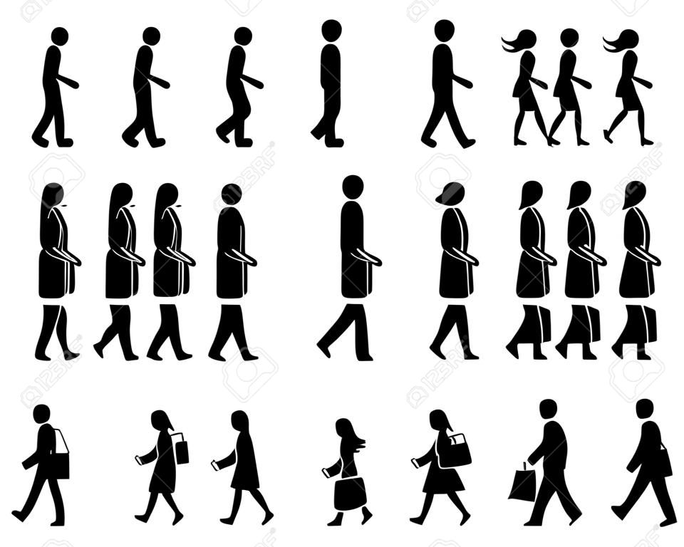 Figura stilizzata che cammina insieme dell'icona di vettore di uomo e donna. Gruppo di persone che avanzano pittogramma di sequenza