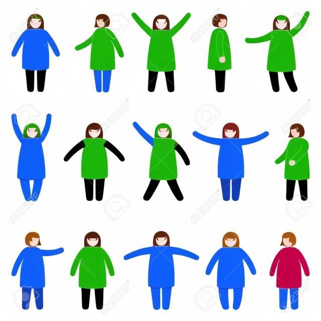 Fat stick figure woman standing front, side view in different poses vector icon illustration set. Obese female hands up, waving, pointing, showing silhouette pictogram on white