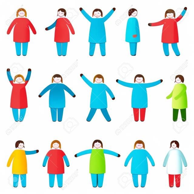 Fat stick figure woman standing front, side view in different poses vector icon illustration set. Obese female hands up, waving, pointing, showing silhouette pictogram on white