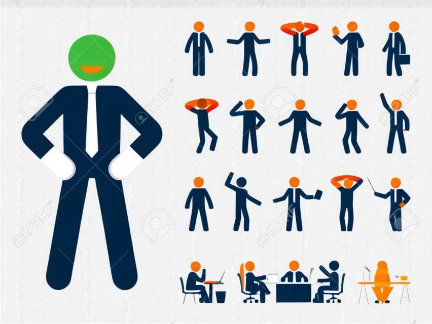 Stick figure office man standing in different poses design vector icon set. Happy, sad, surprised, amazed, angry face. Sitting, meeting, talking, pointing stickman person on white
