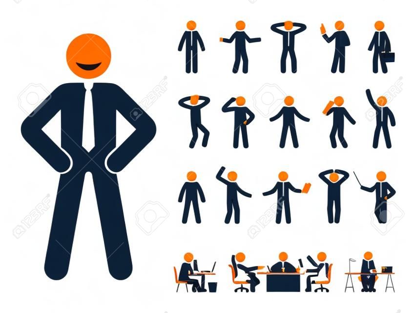 Stick figure office man standing in different poses design vector icon set. Happy, sad, surprised, amazed, angry face. Sitting, meeting, talking, pointing stickman person on white