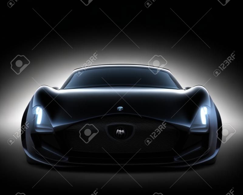 黒の背景に分離された黒のスポーツ車のフロント ビュー。オリジナル デザインの 3 D レンダリング画像。