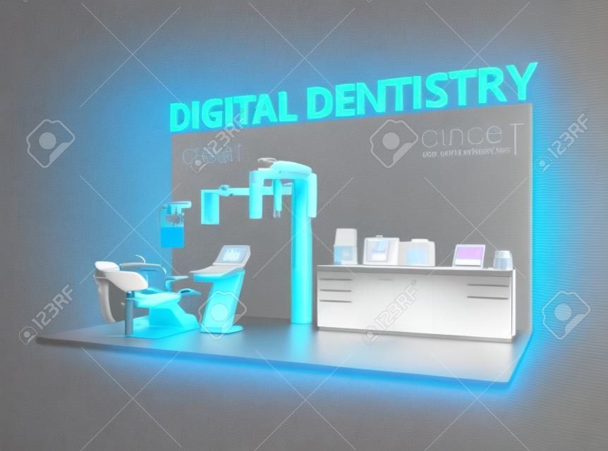 Dijital diş hekimliği kavramı. Diş BT ile giriş hasta yüz veriler, daha sonra koltuk yan yoruma gönderin. Diş izlenim 3D yazıcı tarafından BT veya 3D tarayıcı, baskı ile tarama olabilir. Özgün tasarım.
