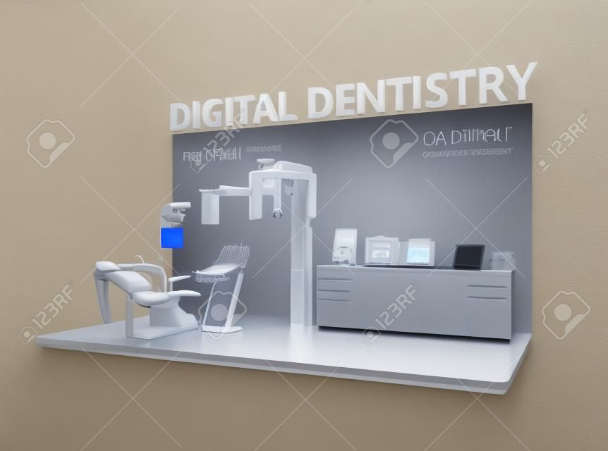 デジタル歯科のコンセプトです。歯科用 CT による患者の顔のデータを入力し、椅子側のコメントに送信します。歯の印象は、CT や 3 D スキャナー、3 D プリンターで印刷してスキャン可能性があります。オリジナルのデザイン。