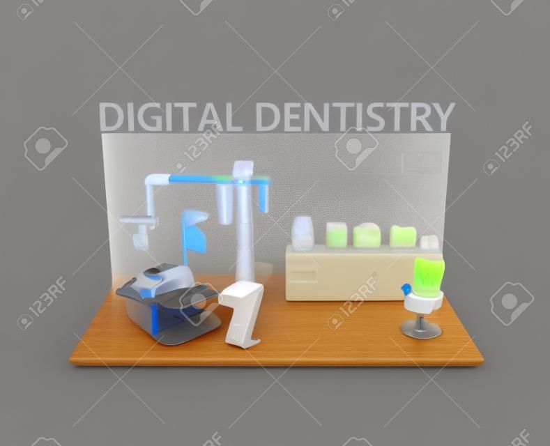 Concept de la dentisterie numérique. Entrée des patients données faciales par CT dentaire, puis envoyer à côté de la chaise commentaire. Tooth impression pourrait être scan par CT ou d'un scanner 3D, l'impression par imprimante 3D. Design original.