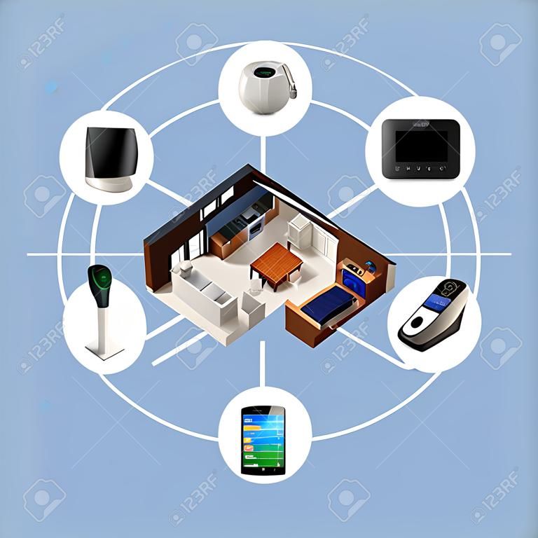 3D-Infografiken von Smart-Home-Automatisierungstechnik. Intelligente Geräte Miniaturansicht zur Verfügung.