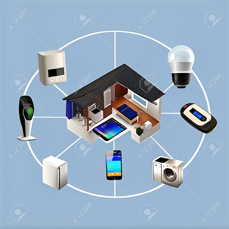 スマート ホーム オートメーション技術の 3 D のインフォ グラフィック。利用可能なスマート家電サムネイル画像。