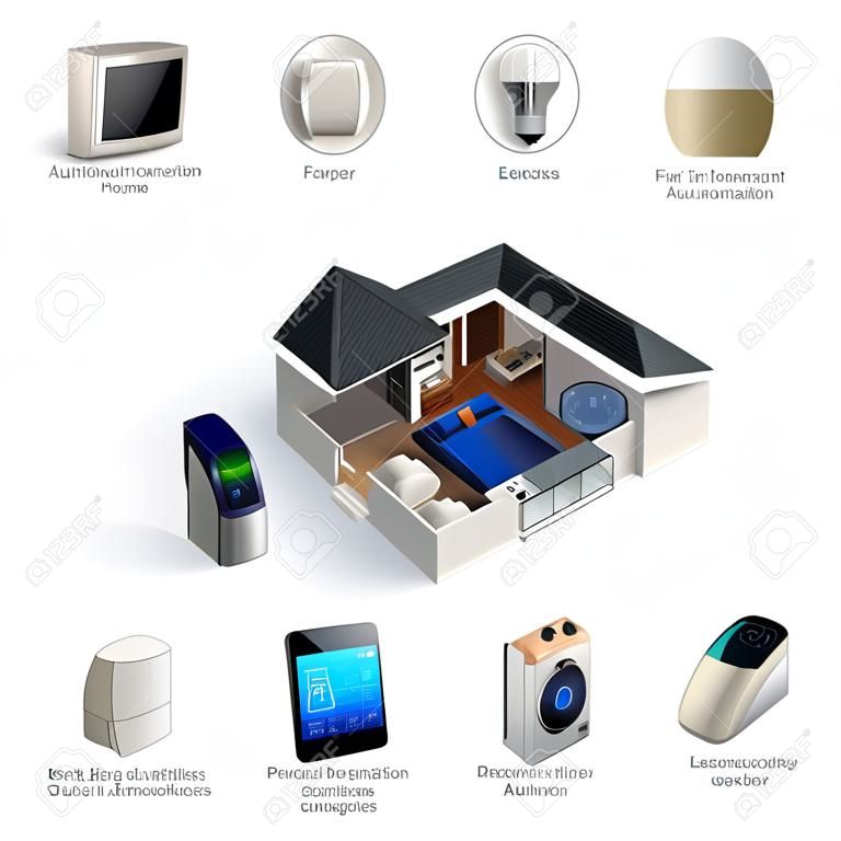 Infografía 3D de tecnología de domótica inteligente. Imagen en miniatura de electrodomésticos inteligentes y texto disponible.