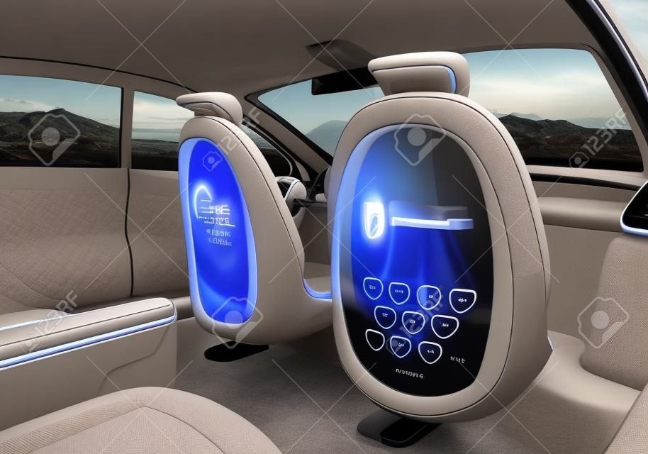 自主轎車內飾的概念。配備顯示器前排座椅幫助乘客享受互聯網，而他們在道路上行駛。