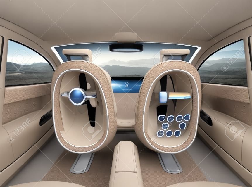 Autonomous car interior concept. Front seats equipped with monitors help Passengers enjoying internet while they travelling on the road.