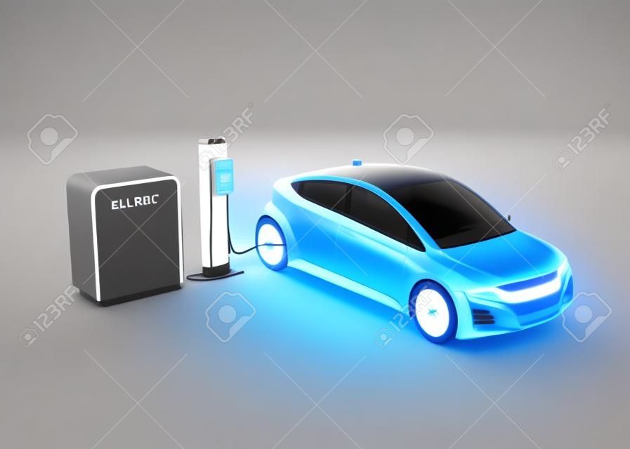 Elektrofahrzeug, Ladestation und Batterieeinheit auf Gradienten Hintergrund. Bild der Wiedergabe 3D.