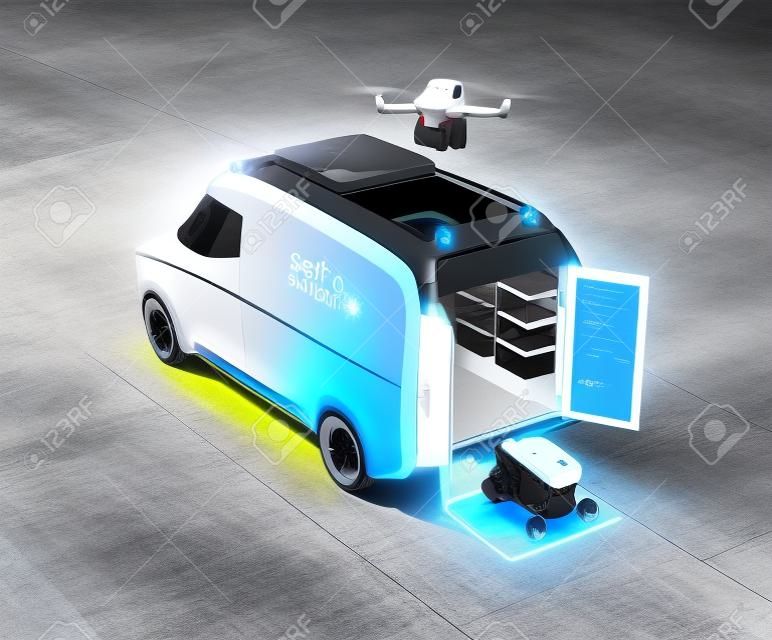 Auto-driving van, drone et robot. Concept du système de livraison automatique. Image de rendu 3D.