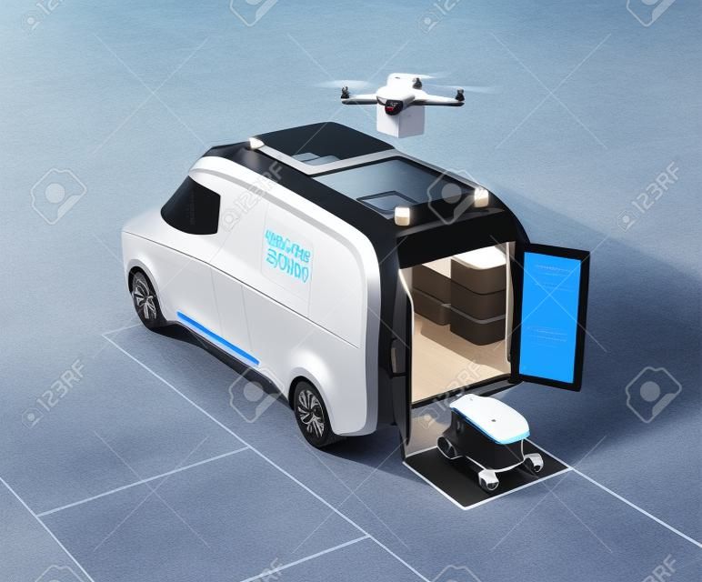 Furgone di auto-guida, drone e robot. Concetto di sistema di consegna automatico. Immagine di rendering 3D.
