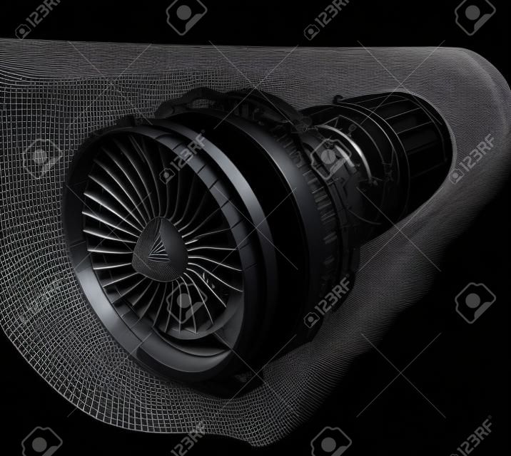 X-ray style turbofan jet engine isolated on black background. 3D rendering image.