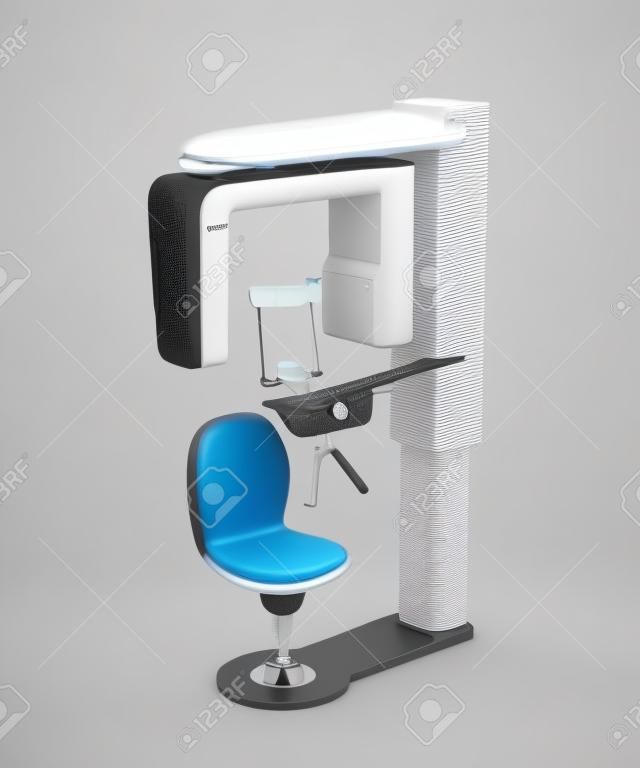 Machine de radiographie 3D dentaire avec fauteuil patient isolé sur fond blanc. Image de rendu 3D.