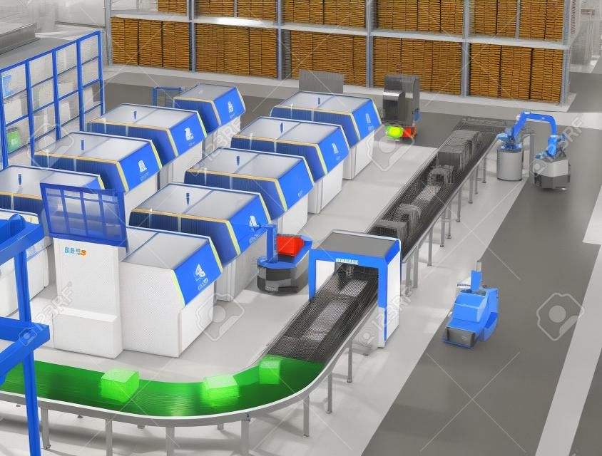 Smart factory equipped with AGV, robot carrier, 3D printers and robotic picking system. 3D rendering image.