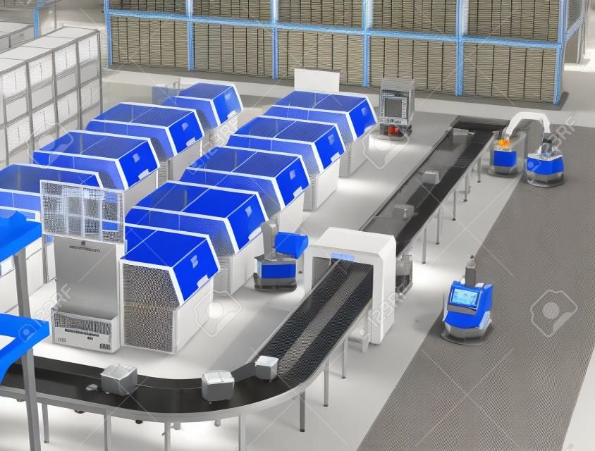 Une usine intelligente équipée d?AGV, d?un porteur de robot, d?imprimantes 3D et d?un système de préparation robotique. Image de rendu 3D.