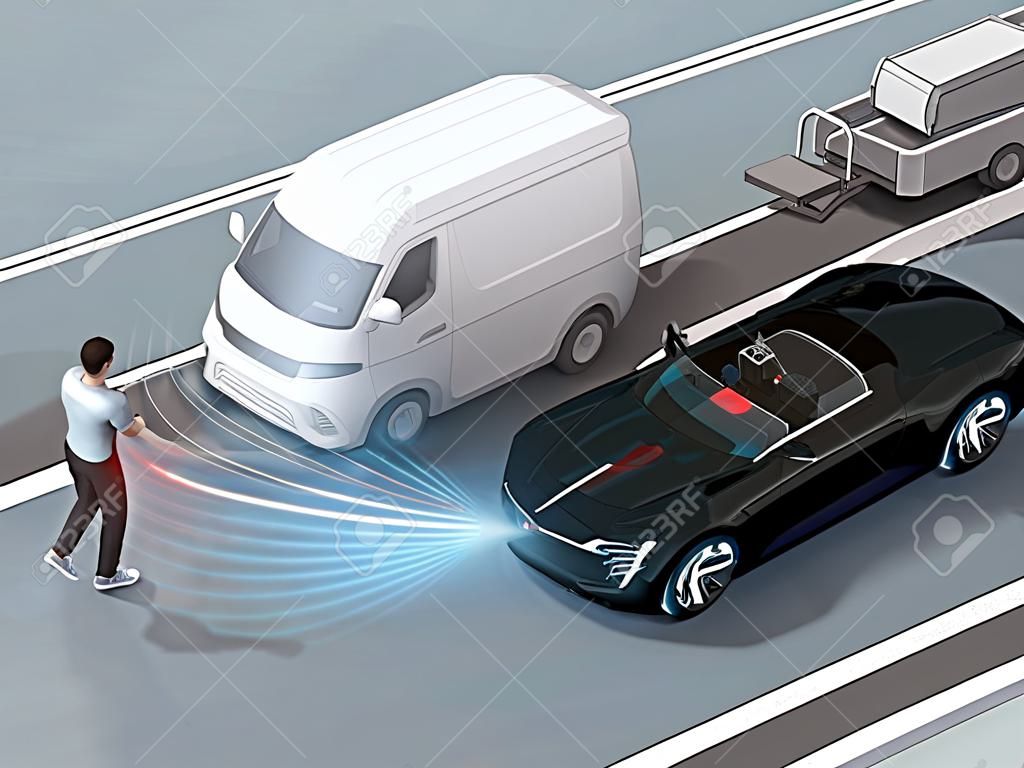 Travagem de emergência de carro preto para evitar acidentes de carro com pedestres que usam smartphone. Conceito de frenagem de emergência automática (sistema de freio de emergência). Imagem de renderização 3D.