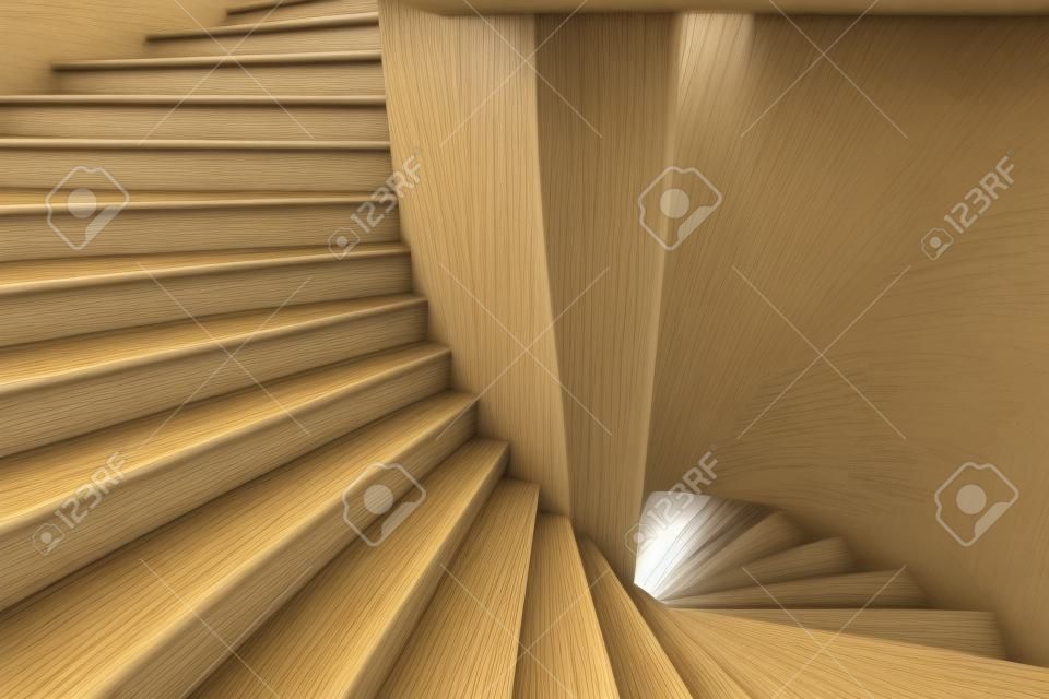 Ilustración 3D de una escalera de caracol blanco con amplios escalones que giran hacia abajo desde la parte superior izquierda a la inferior derecha. Punto de vista mirando ligeramente hacia abajo.