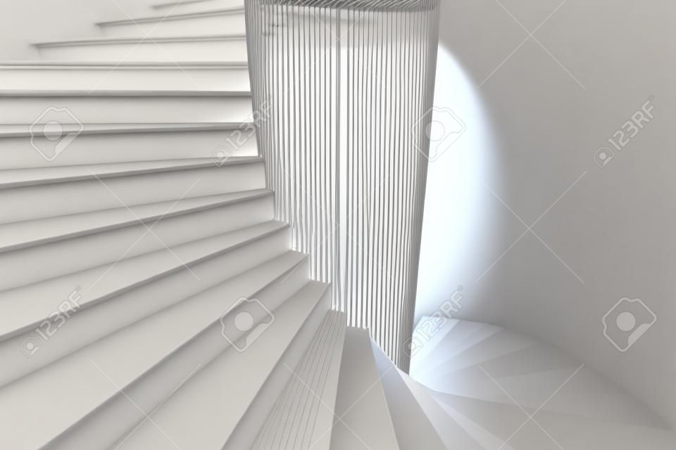 3D Illustratie van een witte wenteltrap met brede treden die van boven naar rechts naar beneden draaien. Zichtpunt licht naar beneden.