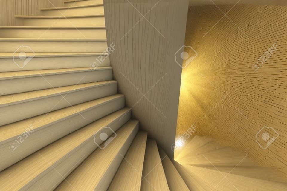 Ilustración 3D de una escalera de caracol blanco con amplios escalones que giran hacia abajo desde la parte superior izquierda a la inferior derecha. Punto de vista mirando ligeramente hacia abajo.