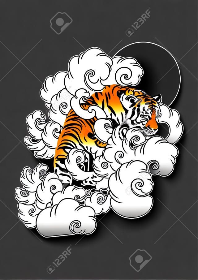 Caminata del tigre en vector de ilustración de doodle de tatuaje japonés o chino oriental de nubes con fondo blanco