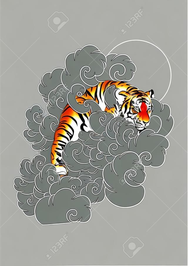 Caminata del tigre en vector de ilustración de doodle de tatuaje japonés o chino oriental de nubes con fondo blanco