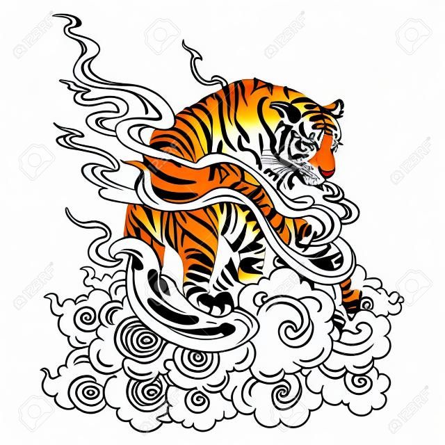 Tiger Climbing on hill and cloud design with Chinese or Japanese tattoo illustration ink doodle drawing  oriental for coloring vector with white background