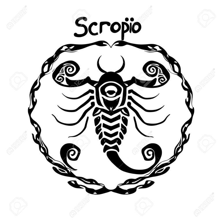 Escorpio signo zodiaco diseño forma ilustración garabato dibujo tatuaje y tipografía a mano alzada estilo vector con fondo blanco