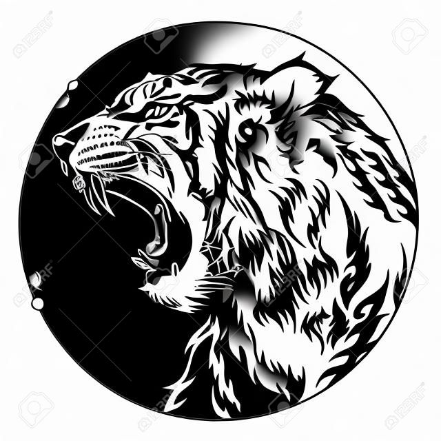 Diseño de tatuaje de garabato de ilustración de rugido de cabeza de tigre con dibujo de pluma de mano libre en motivo de marco de círculo vector blanco y negro con fondo blanco
