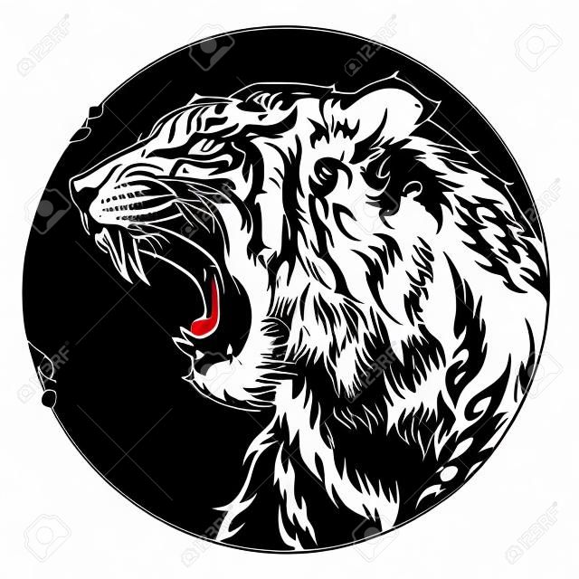 Diseño de tatuaje de garabato de ilustración de rugido de cabeza de tigre con dibujo de pluma de mano libre en motivo de marco de círculo vector blanco y negro con fondo blanco