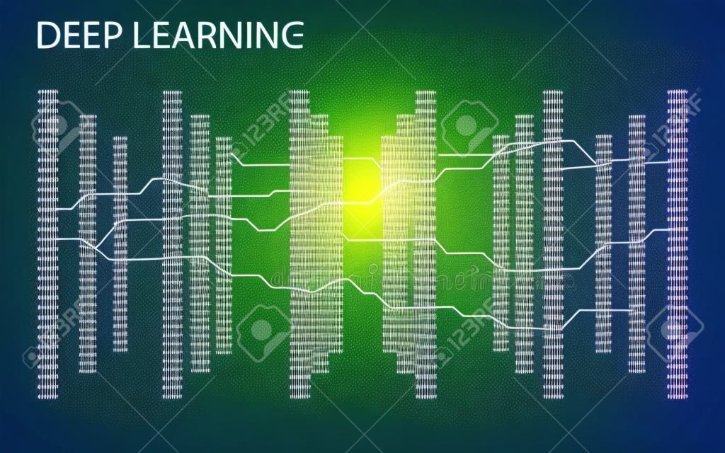 3D Neural network with six layers. Illustration of structured big data for presentations, banners, posters. Artificial intelligence, machine learning or deep learning computing. Vector illustration.