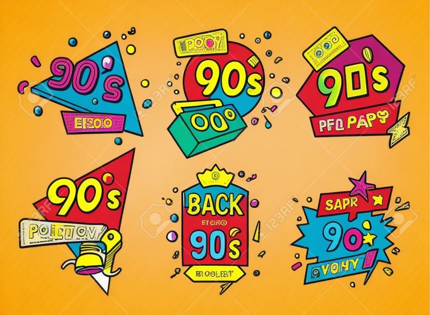 Colección colorida de vuelta a los años 90 logo vector ilustración plana en estilo pop art emblema de noventa años