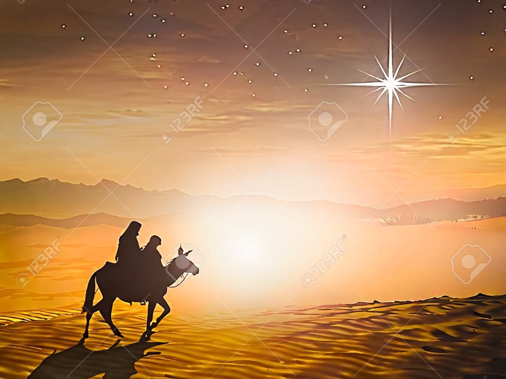 Christmas religious nativity concept: Silhouette pregnant Mary and Joseph with a donkey on star of cross background