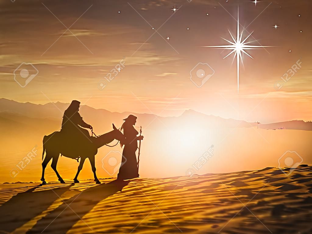 Koncepcja bożonarodzeniowa szopka religijna: sylwetka ciężarna maryja i józef z osłem na gwieździe krzyża tle