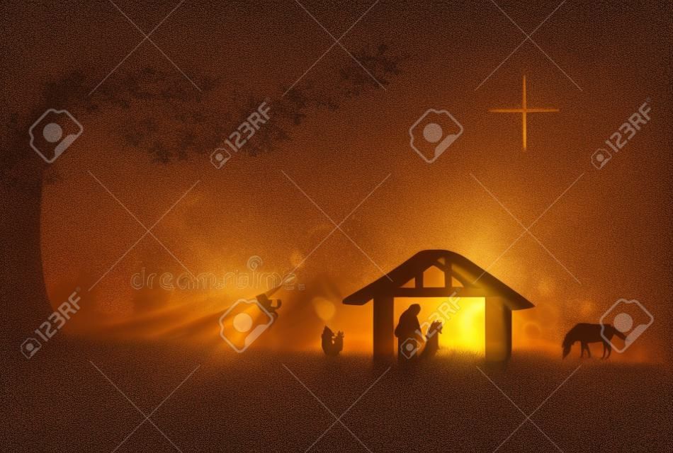 クリスマスの宗教的なキリスト降誕の概念：飼い葉桶の中のシルエットの母マリア、ヨセフ、イエス-3dイラスト