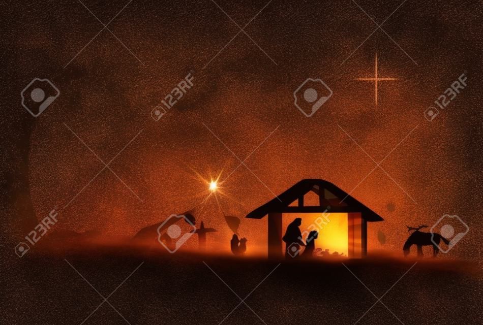 クリスマスの宗教的なキリスト降誕の概念：飼い葉桶の中のシルエットの母マリア、ヨセフ、イエス-3dイラスト
