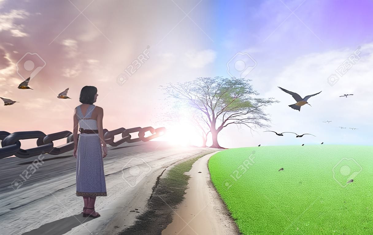 Neues normales Konzept: Frau, die zwischen Klimaverschlechterung mit guter Atmosphäre und fliegenden Vögeln und gebrochener Kette steht