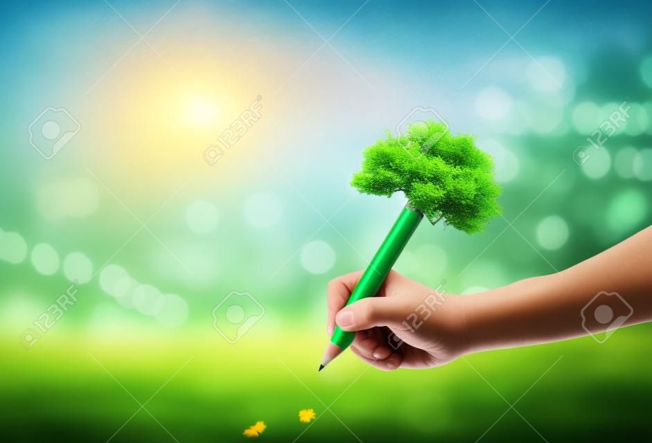 Concetto del giorno dell'insegnante: mano dello studente che tiene una matita di albero e scrive sul prato verde su sfondo sfocato della foresta