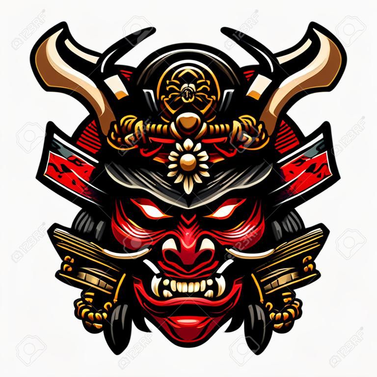 Demon Oni mask with samurai helmet design vector illustration. Traditional Japanese culture. Tattoo print. illustration for t-shirt print, fabric and other uses. Isolated on white background