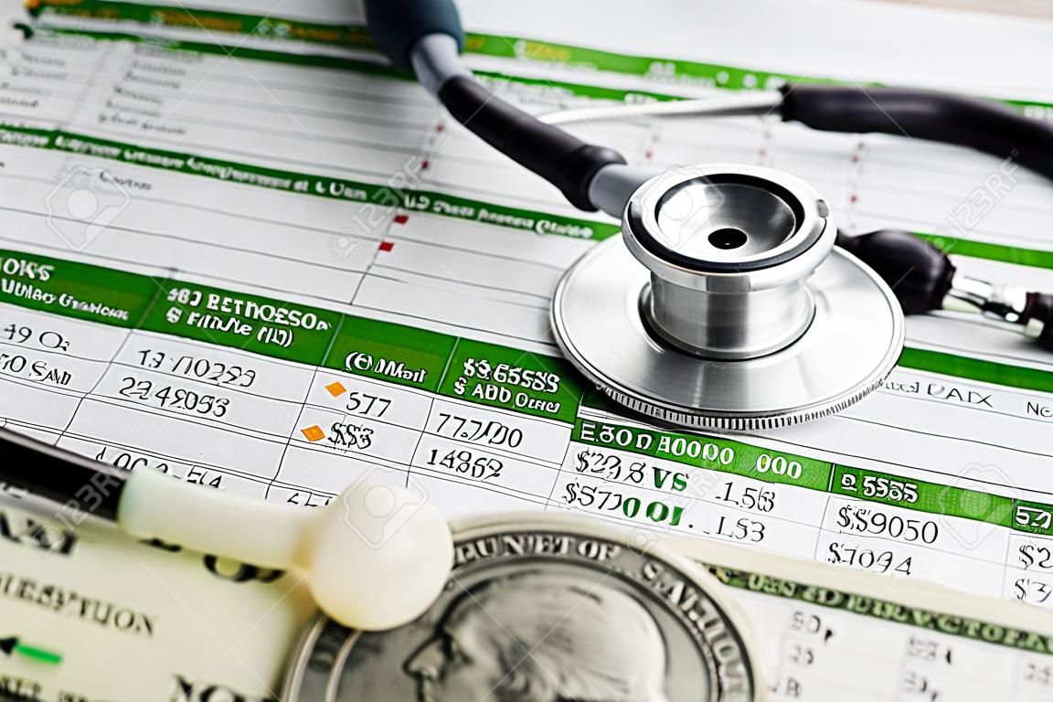 Stethoscope and US dollar banknotes on spreadsheet paper, Financial, account, statistics and business data  medical health concept.