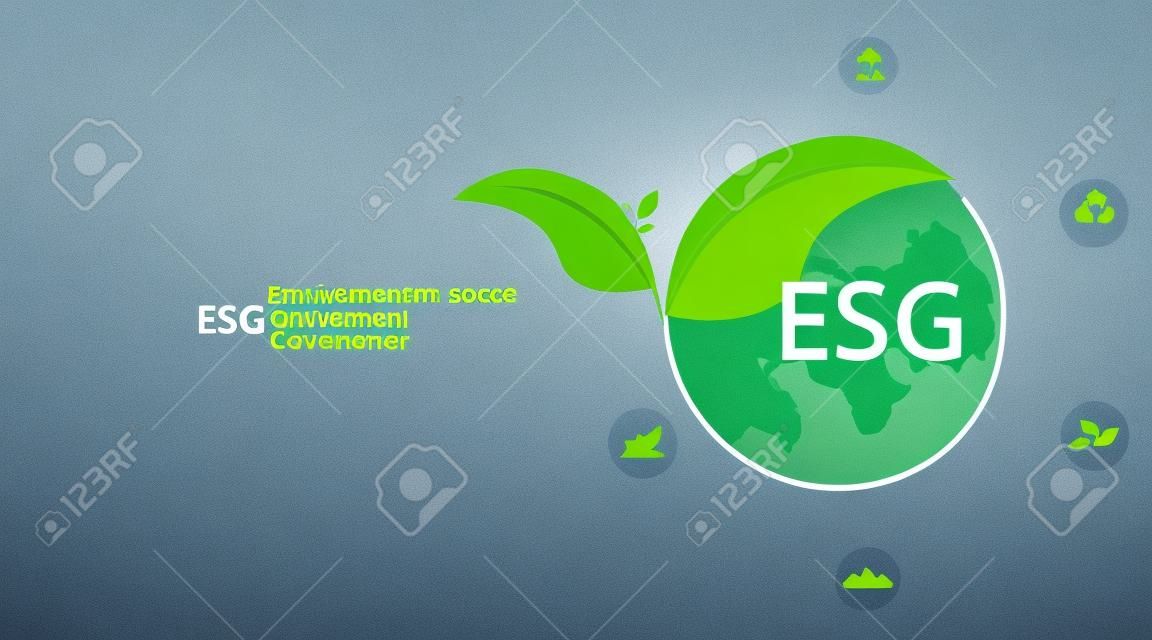 Concetto sociale e di governance ambientale (esg). lo sviluppo aziendale di una strategia di conservazione della natura e la risoluzione di problemi ambientali, sociali e gestionali con icone di figure.