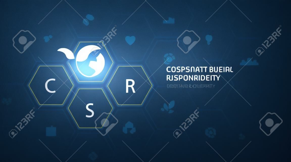 Concept of CSR on dark blue background.Corporate social responsibility and giving back to the community on blue background.modern business concept.