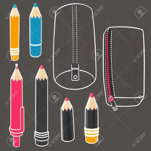 vector, conjunto, de, lápiz, y, estuche de lápices