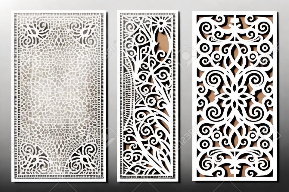 Decoratieve laser gesneden panelen template met abstracte textuur. geometrische en bloemen laser snijden of gravure paneel vector illustratie set. abstracte snijpanelen template