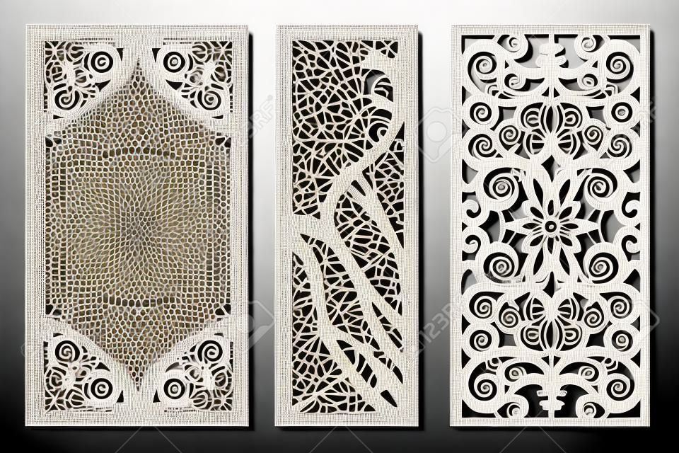 Plantilla decorativa de paneles cortados por láser con textura abstracta. conjunto de ilustración vectorial de panel de grabado o corte láser geométrico y floral. plantilla de paneles de corte abstracto