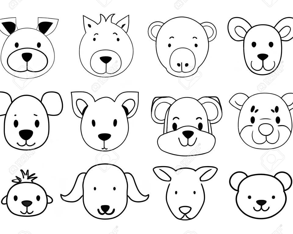 A set of animal heads in a childish cartoon style. Icons, simple outlines for decor, clip art,   Cute Fox, giraffe, elephant, lion, bull. Silhouette, sketch vector illustration.